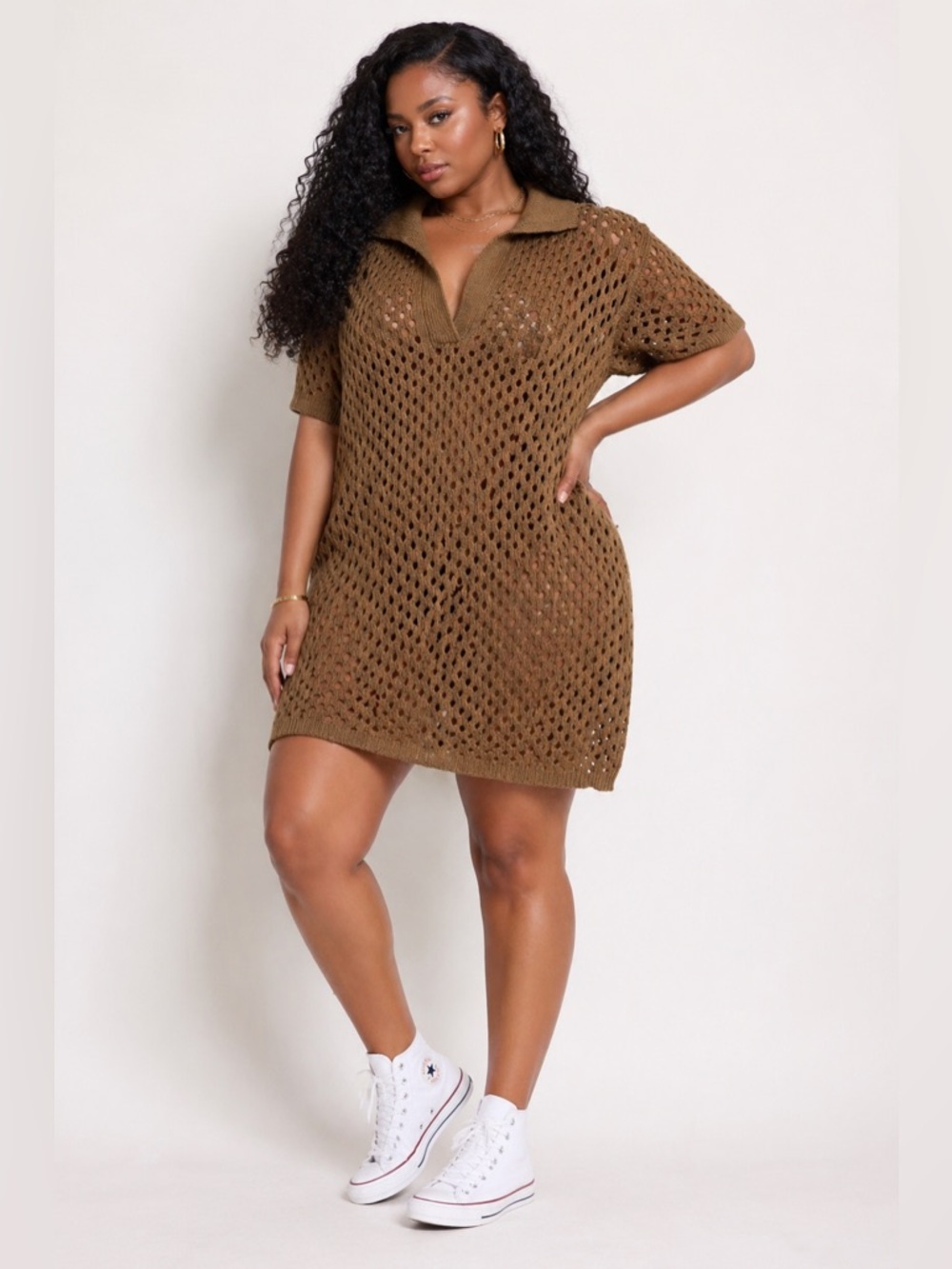 PrettyLittleThing Brown Open-Knit Polo Maxi Dress
